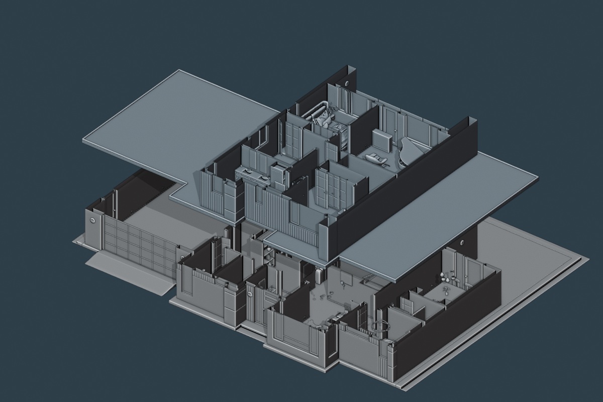 Solid 3D mesh cutaway of the same house